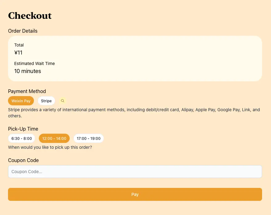 Checkout page showing a ¥11 order total, 10-minute estimated wait, Weixin Pay and Stripe options, selectable pickup times, coupon field, and Pay button.