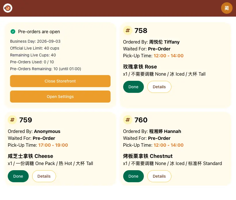 The Whale Café staff order dashboard shows pre-order status and three active orders with order numbers, customer names, pickup times, drink customizations, and Done and Details buttons.