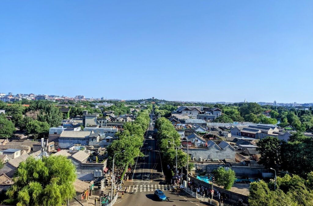 Beijing's central axis under a blue sky. Beijing's historical inner city is constructed symmetrically, with the central axis separating its two parts.