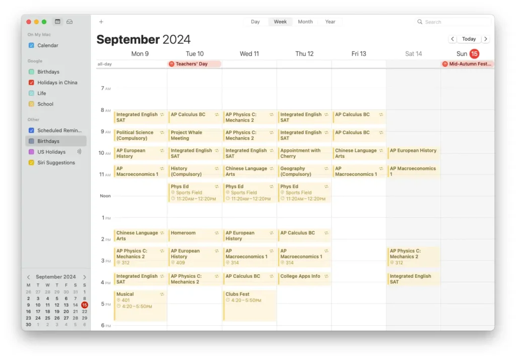 A student course schedule showing Integrated English SAT, Political Science (Compulsory), AP European History, AP Macroeconomics (Section 1), Chinese Language Arts, AP Physics C: Mechanics (Section 2), Musical, AP Calculus BC, History (Compulsory), Phys Ed, Geography (Compulsory) and Homeroom.