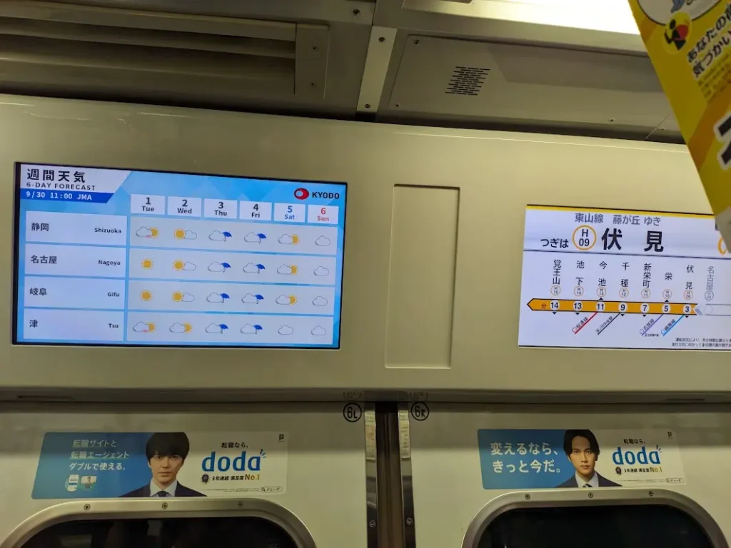 The screen on the Nagoya Subway. The left screen shows the weather. The right screen shows the current station being Fushimi.