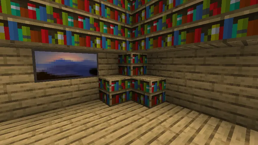 A Minecraft screenshot showing a public library.