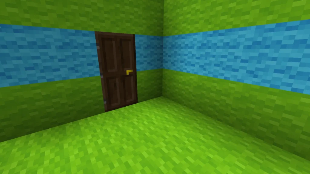 In Minecraft, a colorful room with green and light blue woolen walls.