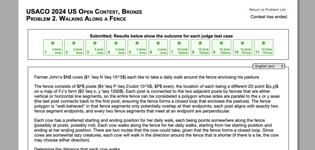 On USACO 2024 US Open Contest, Bronze: Problem 2. Walking Along a Fence, o1 achieves full scores.