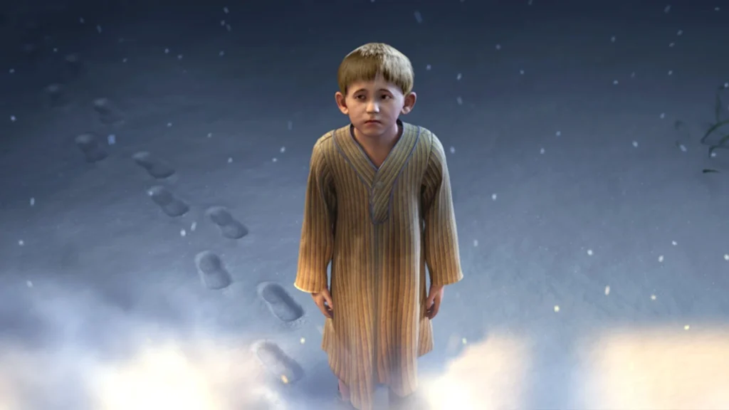 The lonely boy, Billy, standing in the snow as he is about to miss the Polar Express.