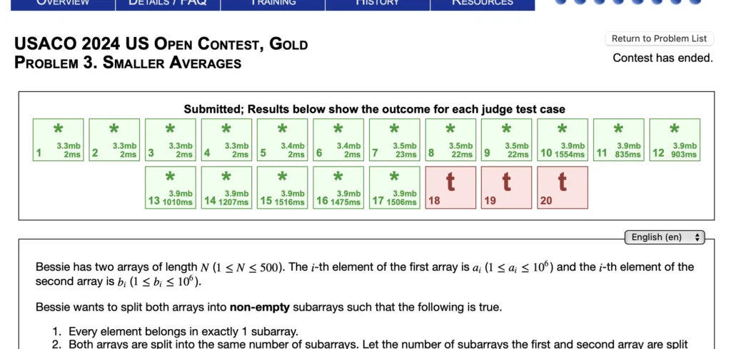 On USACO 2024 US Open Contest, Gold: Problem 3. Smaller Averages, o1 gets 17 out of 20 test cases accepted, while the remaining 3 test cases have exceeded time limits.