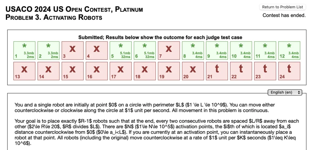 On USACO 2024 US Open Contest, Platinum: Problem 3. Activating Robots, o1 gets 9 out of 24 test cases accepted. The remaining test cases either have a wrong answer or an exceeded time limit.