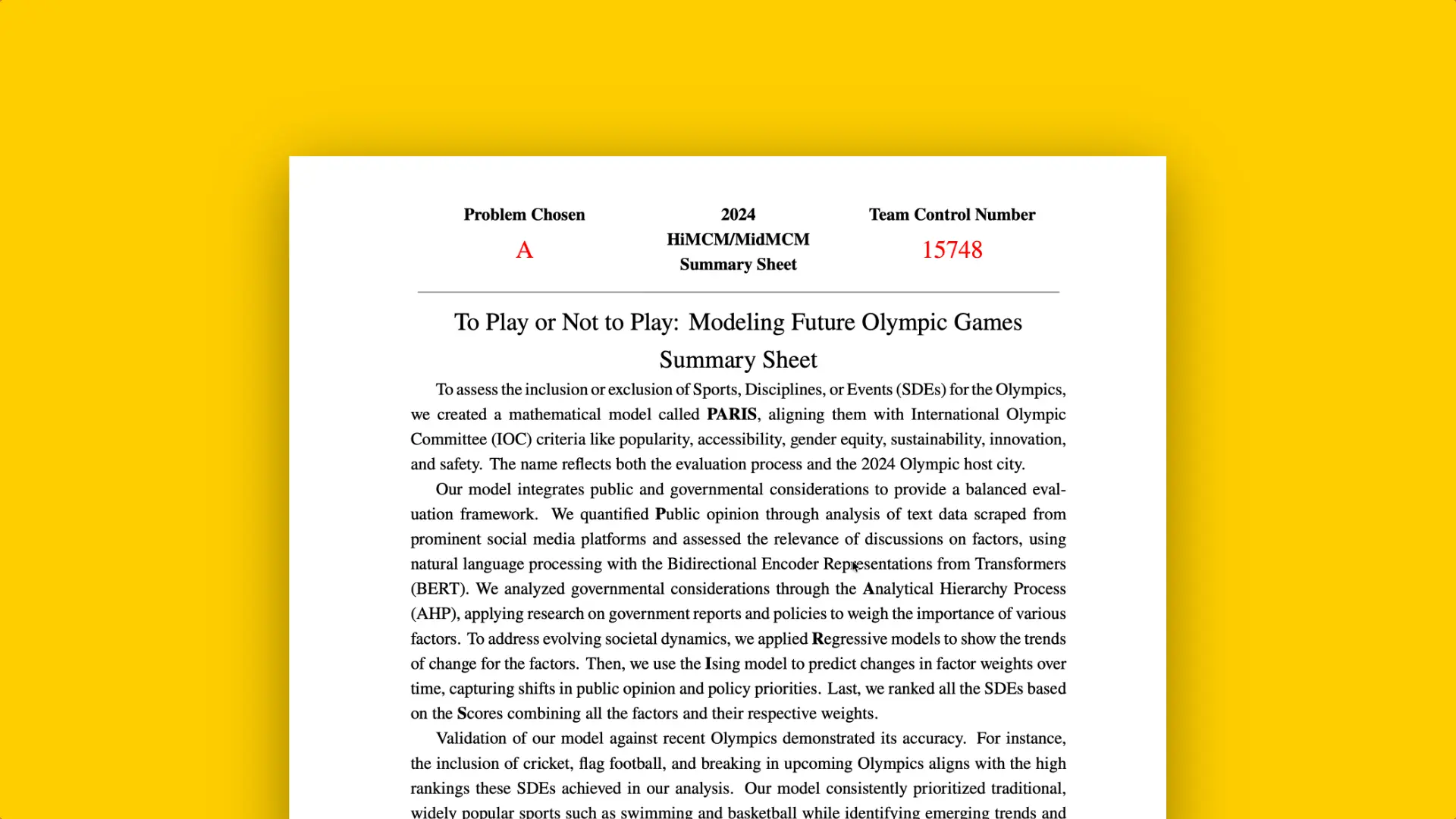 Research: To Play or Not To Play: Modeling Future Olympic Games
